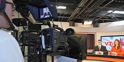 A student works the camera during an SBU-TV broadcast